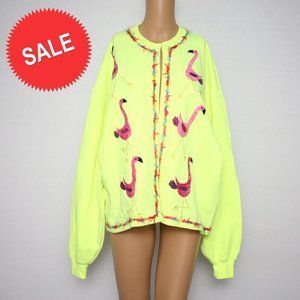 Jerzees Nublend Neon Yellow & Pink Flamingo Sweater Cardigan XL